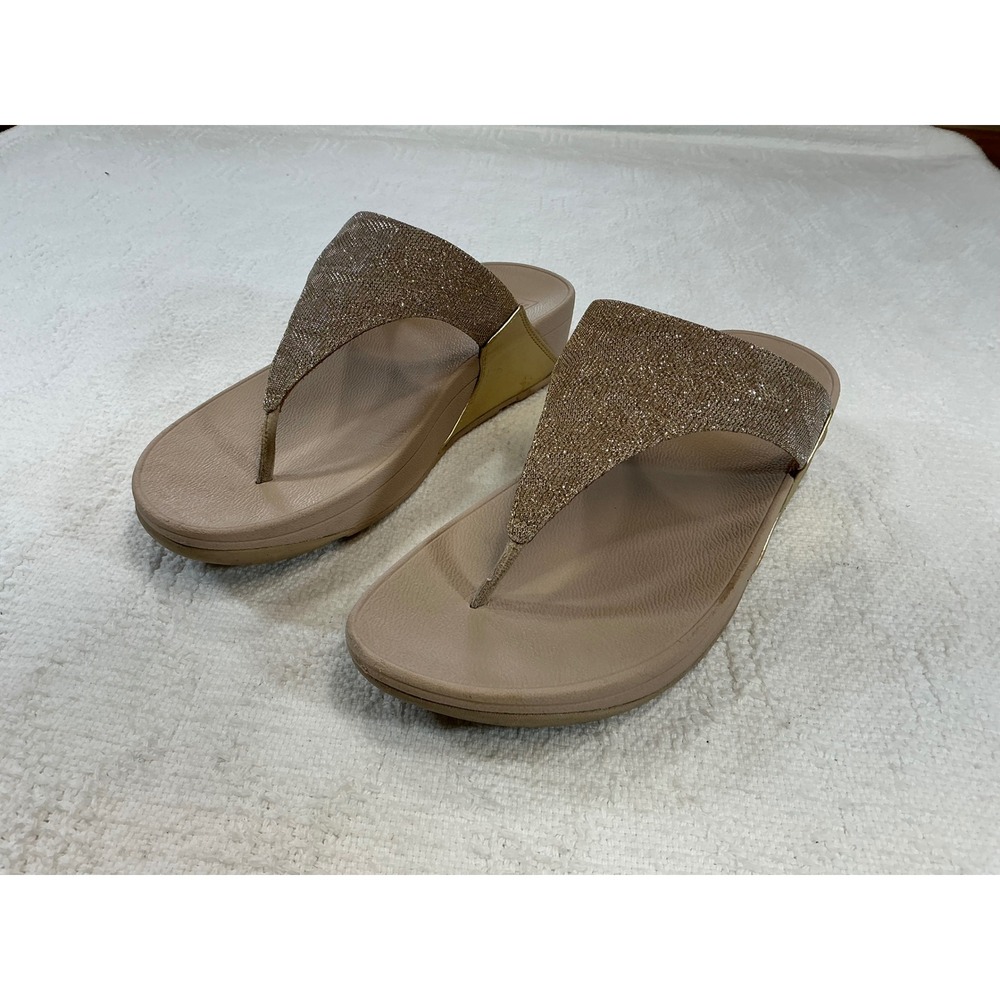FitFlop Lulu Shimmerlux Rose Gold Wedge Thong Sandals Microwobbleboard Womens